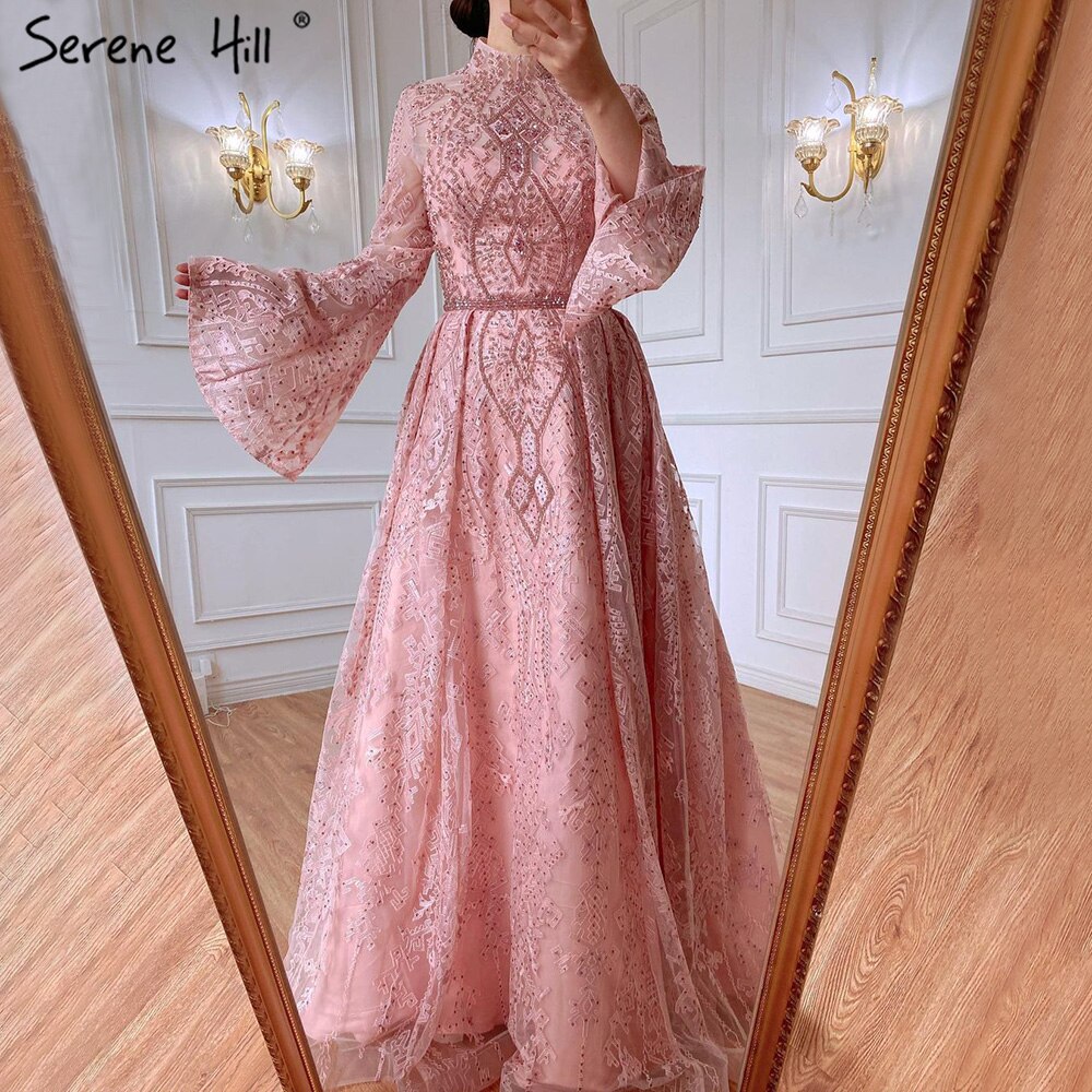 고요한 힐 이슬람 핑크 레이스 페르시 이브닝 드레스 가운 2021 a 라인 여성을위한 럭셔리 웨딩 파티 LA71247